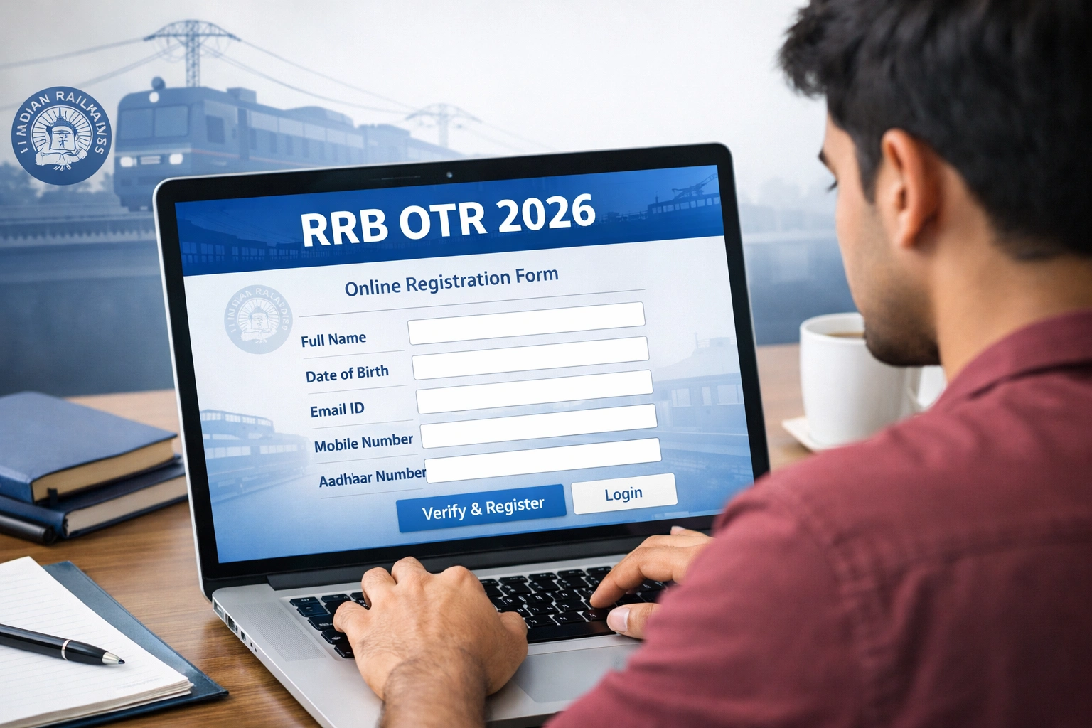 RRB OTR 2026 online registration form on laptop with railway train silhouette background and blue professional interface design.